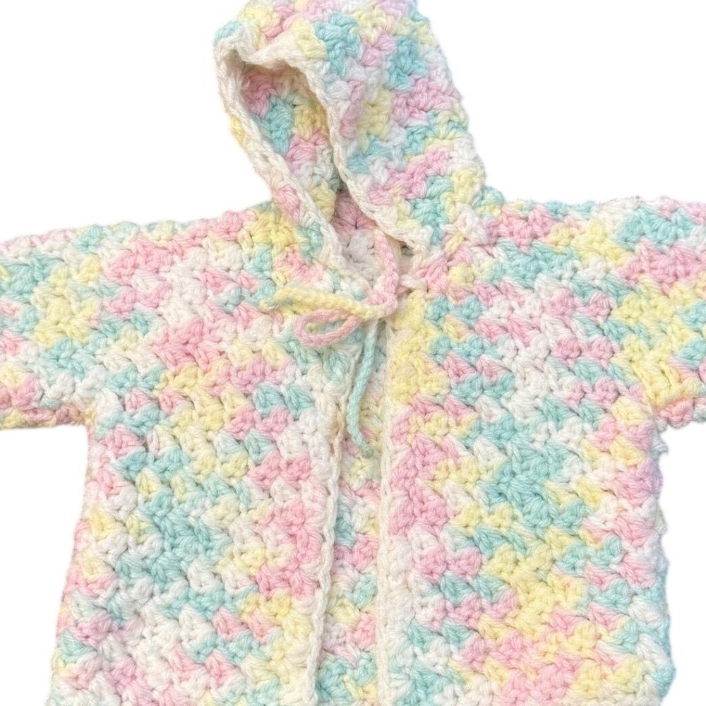 Handmade Crochet Baby Cardigan Hooded Pastel Variegated Pink Blue Yellow Sweater
